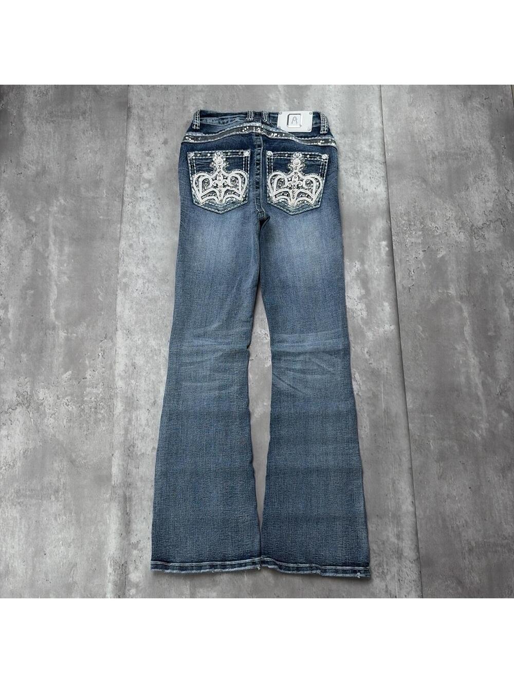 Y2K Answer Me Grunge Crown Embellished Bootcut Denim Jeans